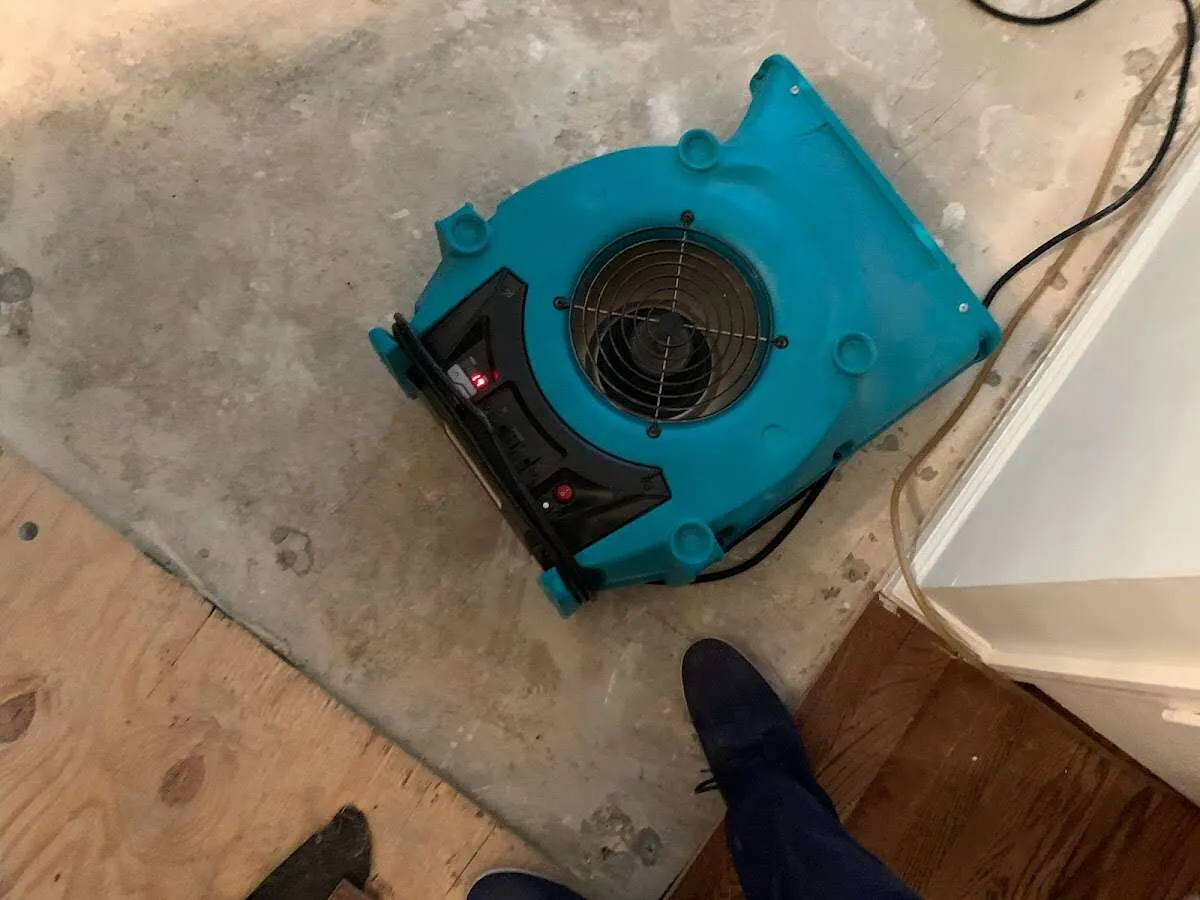 Air mover drying subfloor during Commercial Water Damage Restoration in Rensselaer